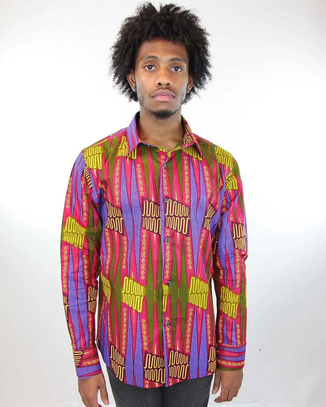 African Print Mens Shirt-Green/Fuschia Fern Print