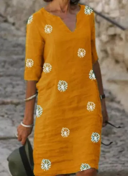 Casual Floral Shirt V-Neckline A-line Dress