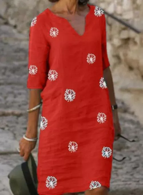 Casual Floral Shirt V-Neckline A-line Dress