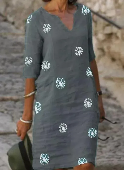 Casual Floral Shirt V-Neckline A-line Dress