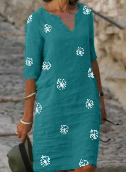Casual Floral Shirt V-Neckline A-line Dress