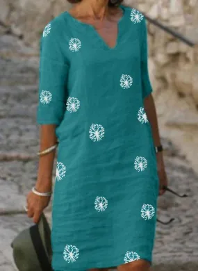 Casual Floral Shirt V-Neckline A-line Dress
