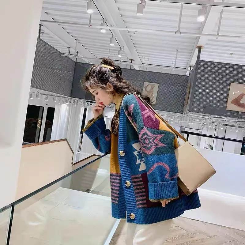 Female Winter Autumn Christmas Print V-neck Korean Preppy Style Long Sleeve Buttons Knitted Cardigan Coat Street Casual Top