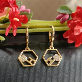 Gold Plated Hexagon Shaped H Letter Floral CZ Studded Bali Hoops Earring