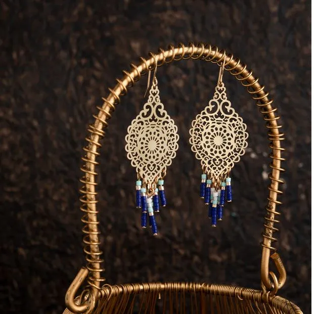 Gold Plated Hollow Cut Out Designed Fashion With Beads Western Earring