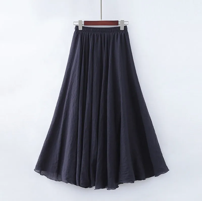 High Quality Cotton Linen Maxi Skirt Womens Casual Elastic High Waist Pleated A-Line Beach Skirts