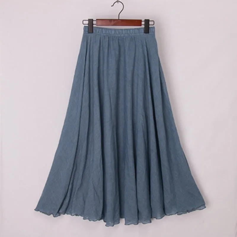 High Quality Cotton Linen Maxi Skirt Womens Casual Elastic High Waist Pleated A-Line Beach Skirts