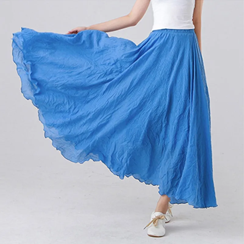 High Quality Cotton Linen Maxi Skirt Womens Casual Elastic High Waist Pleated A-Line Beach Skirts