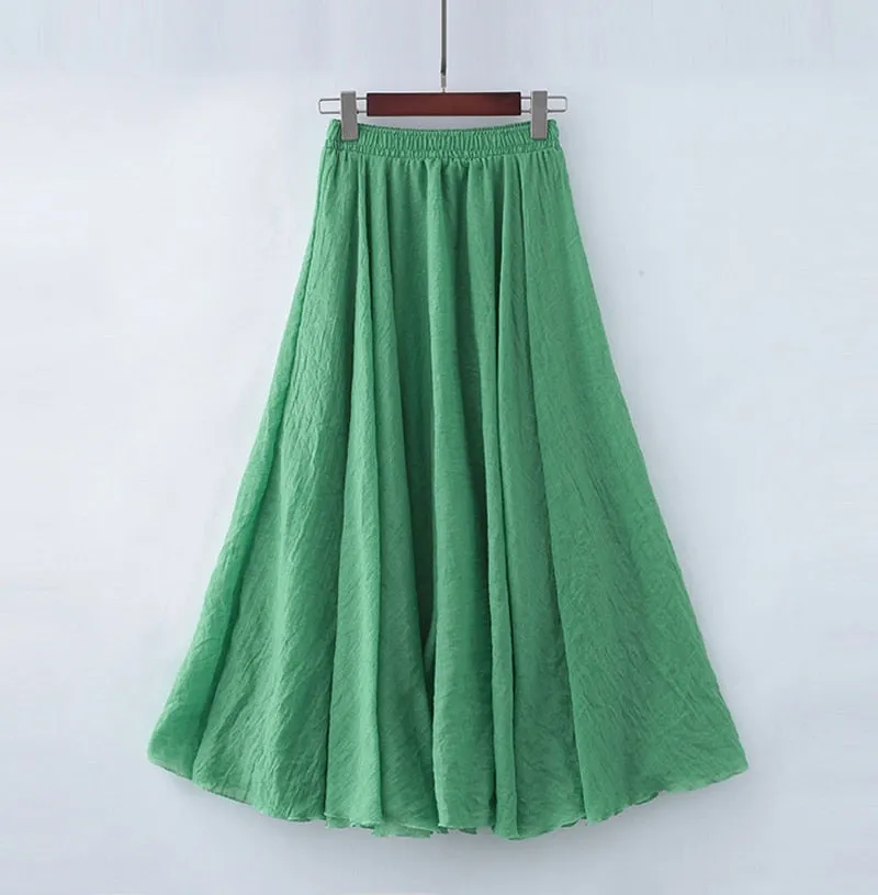 High Quality Cotton Linen Maxi Skirt Womens Casual Elastic High Waist Pleated A-Line Beach Skirts
