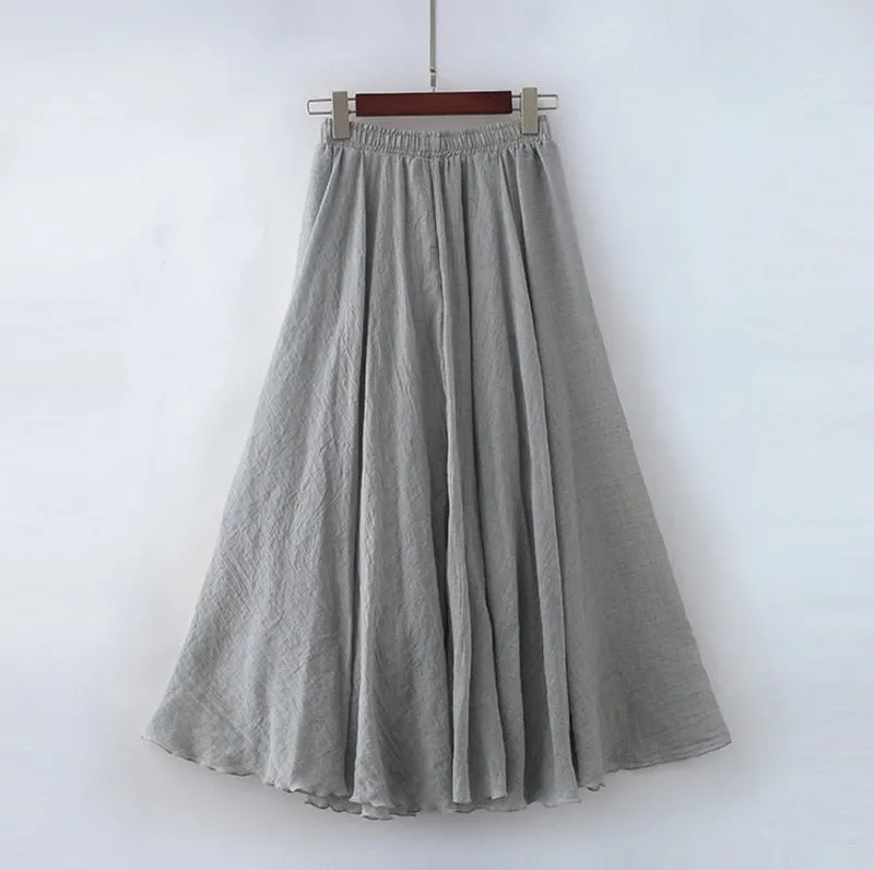 High Quality Cotton Linen Maxi Skirt Womens Casual Elastic High Waist Pleated A-Line Beach Skirts