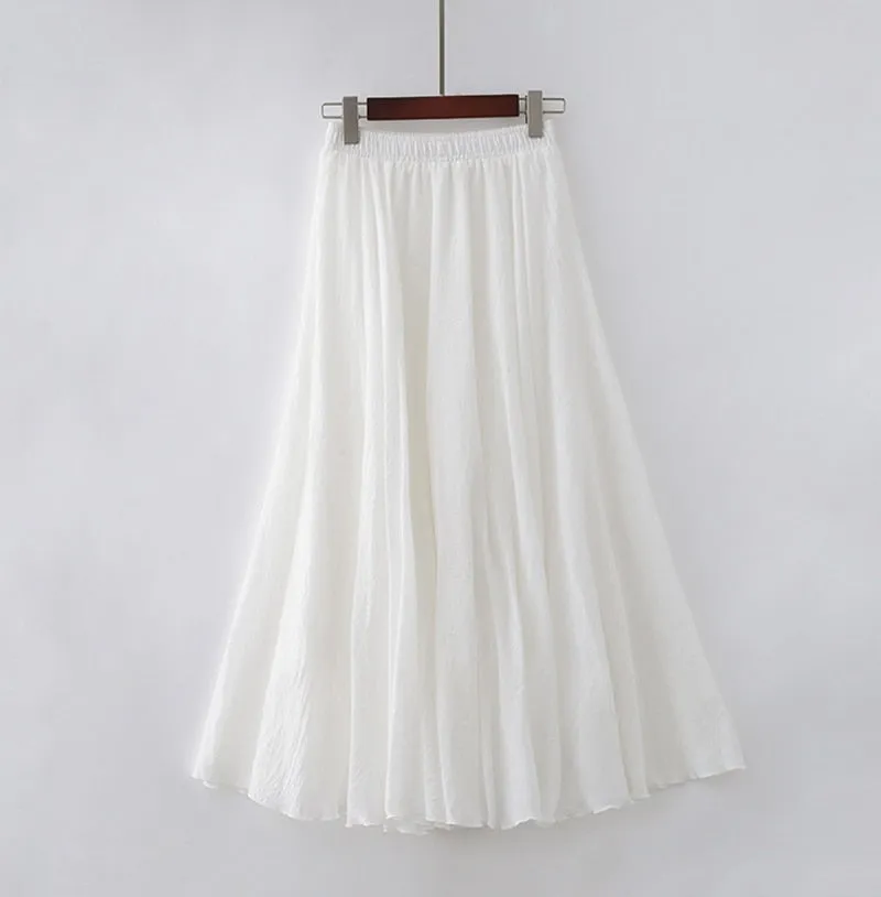 High Quality Cotton Linen Maxi Skirt Womens Casual Elastic High Waist Pleated A-Line Beach Skirts