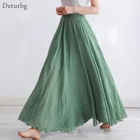 High Quality Cotton Linen Maxi Skirt Womens Casual Elastic High Waist Pleated A-Line Beach Skirts