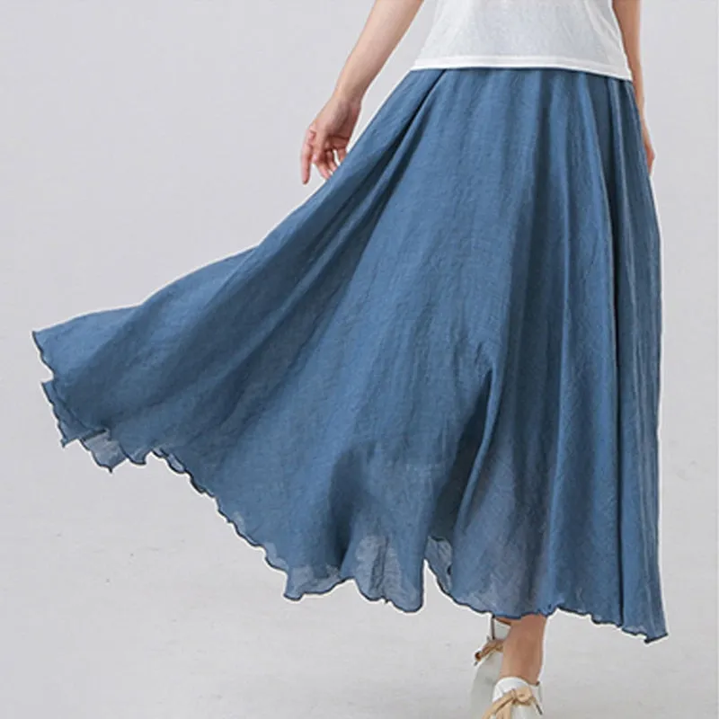 High Quality Cotton Linen Maxi Skirt Womens Casual Elastic High Waist Pleated A-Line Beach Skirts