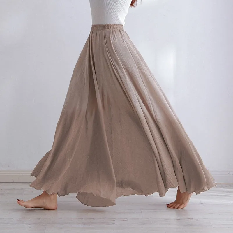 High Quality Cotton Linen Maxi Skirt Womens Casual Elastic High Waist Pleated A-Line Beach Skirts