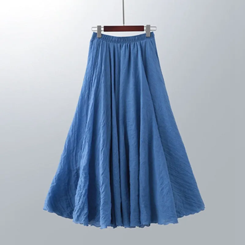High Quality Cotton Linen Maxi Skirt Womens Casual Elastic High Waist Pleated A-Line Beach Skirts