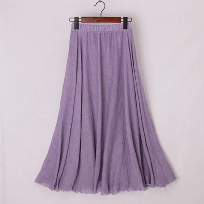 High Quality Cotton Linen Maxi Skirt Womens Casual Elastic High Waist Pleated A-Line Beach Skirts