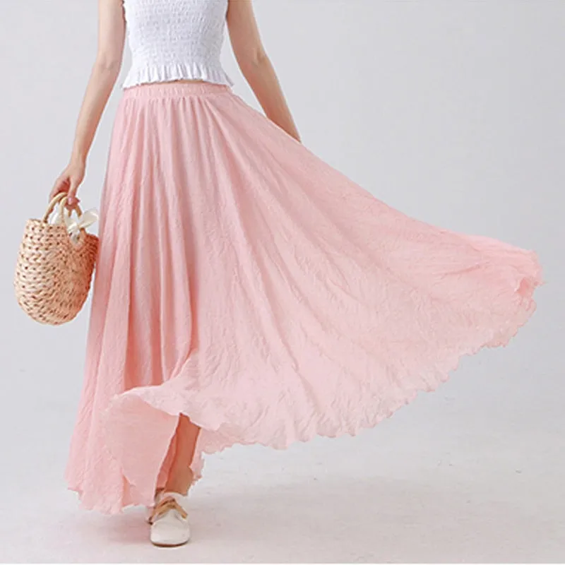 High Quality Cotton Linen Maxi Skirt Womens Casual Elastic High Waist Pleated A-Line Beach Skirts