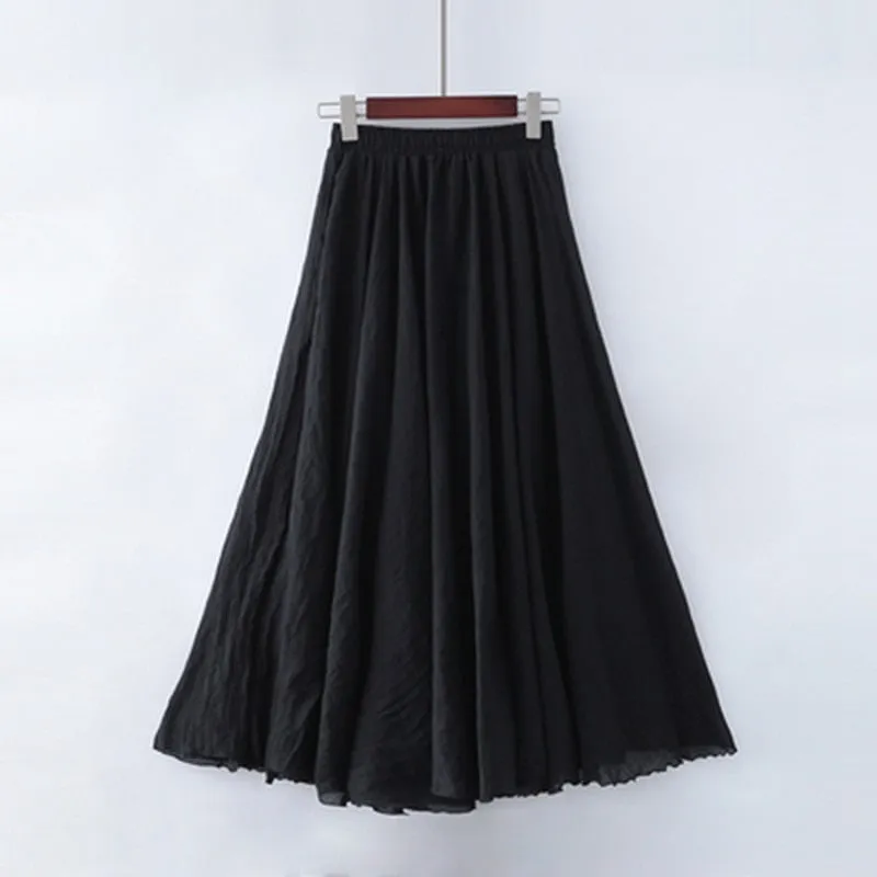 High Quality Cotton Linen Maxi Skirt Womens Casual Elastic High Waist Pleated A-Line Beach Skirts