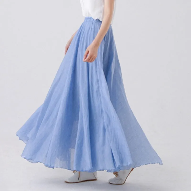 High Quality Cotton Linen Maxi Skirt Womens Casual Elastic High Waist Pleated A-Line Beach Skirts