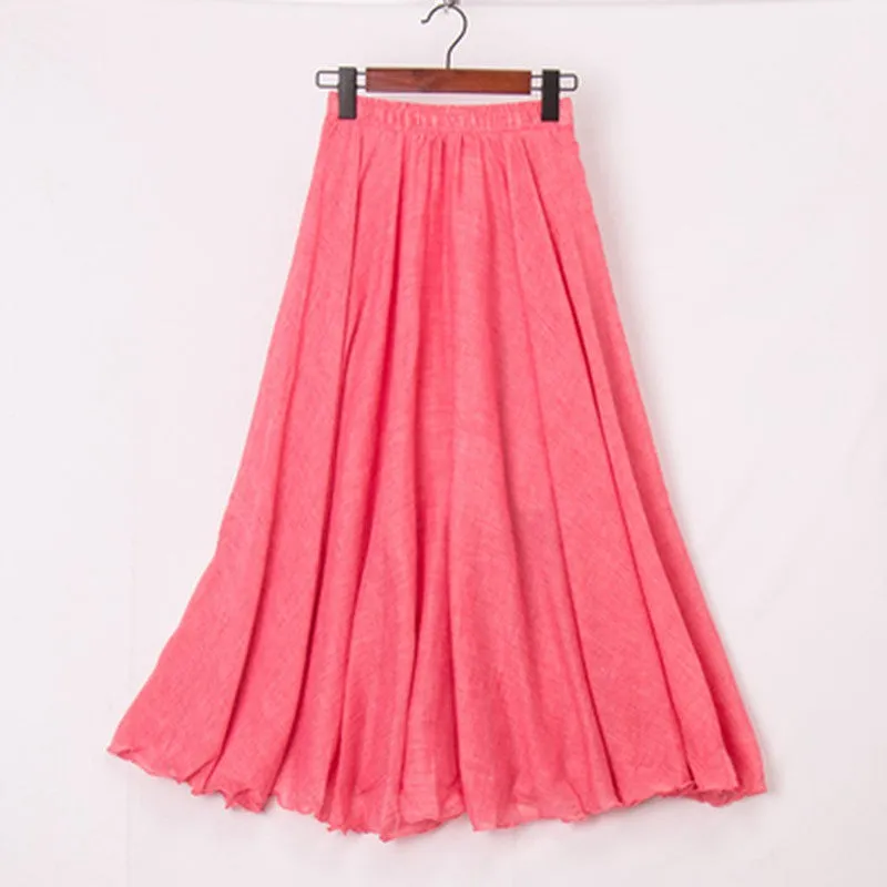 High Quality Cotton Linen Maxi Skirt Womens Casual Elastic High Waist Pleated A-Line Beach Skirts