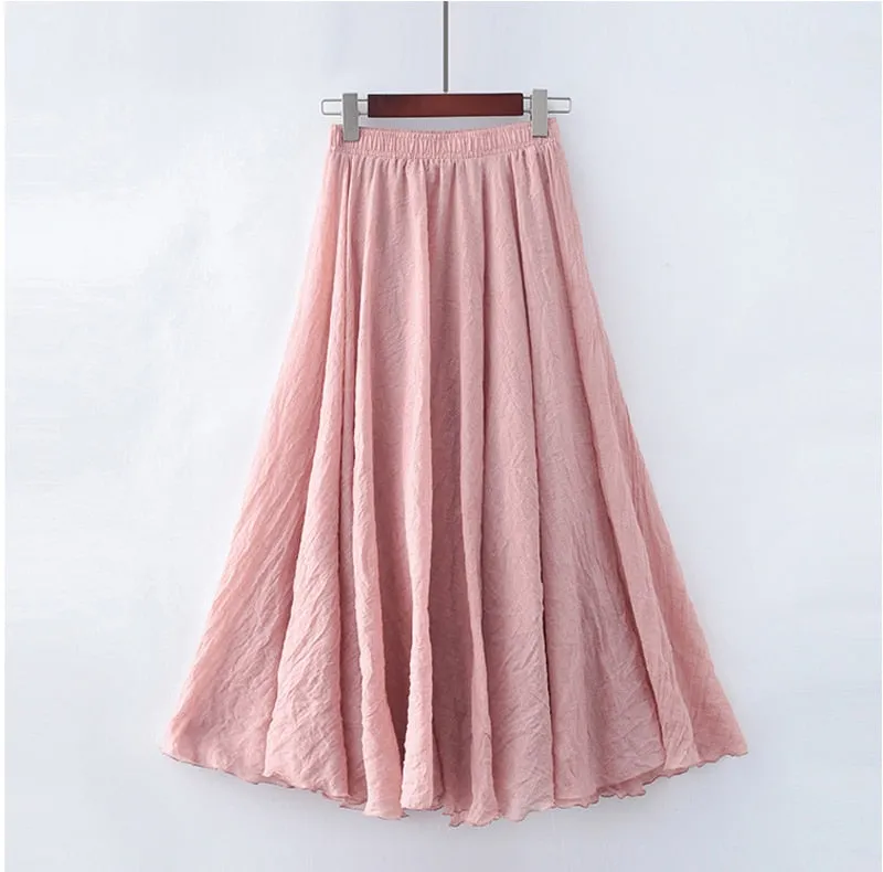 High Quality Cotton Linen Maxi Skirt Womens Casual Elastic High Waist Pleated A-Line Beach Skirts