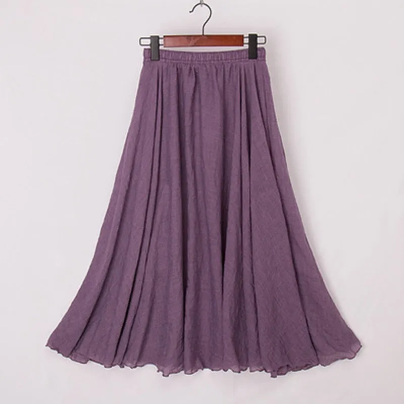 High Quality Cotton Linen Maxi Skirt Womens Casual Elastic High Waist Pleated A-Line Beach Skirts
