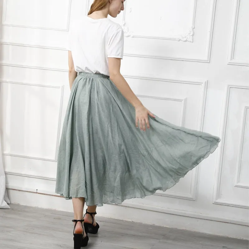 High Quality Cotton Linen Maxi Skirt Womens Casual Elastic High Waist Pleated A-Line Beach Skirts