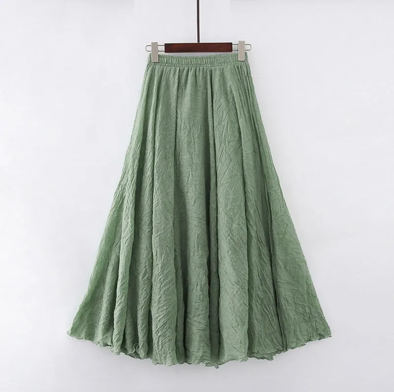 High Quality Cotton Linen Maxi Skirt Womens Casual Elastic High Waist Pleated A-Line Beach Skirts