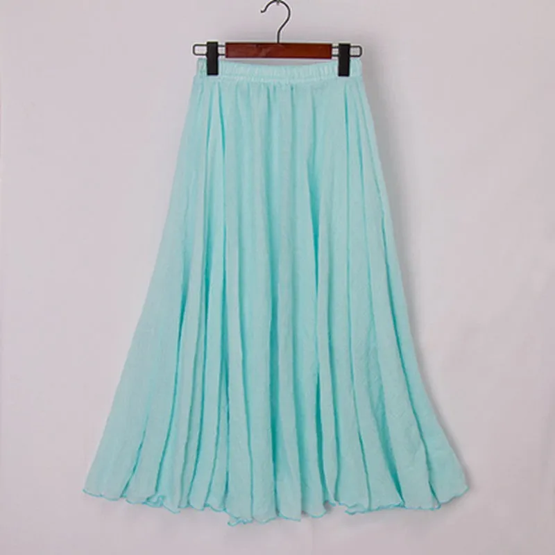 High Quality Cotton Linen Maxi Skirt Womens Casual Elastic High Waist Pleated A-Line Beach Skirts