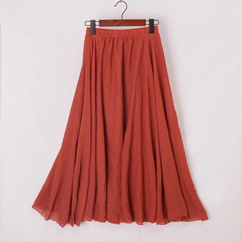 High Quality Cotton Linen Maxi Skirt Womens Casual Elastic High Waist Pleated A-Line Beach Skirts