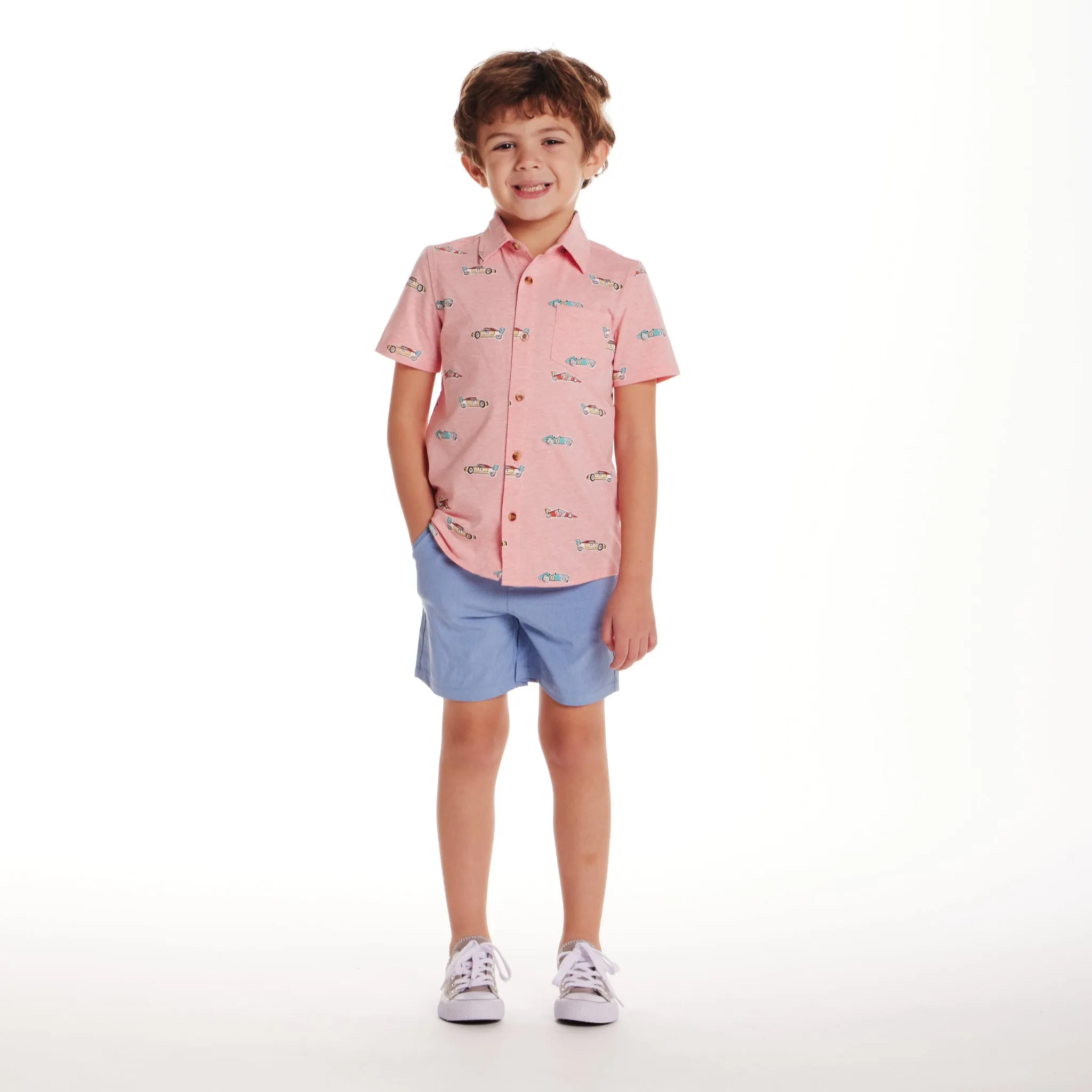 Kids (2-7) Knit Buttondown | Car Print