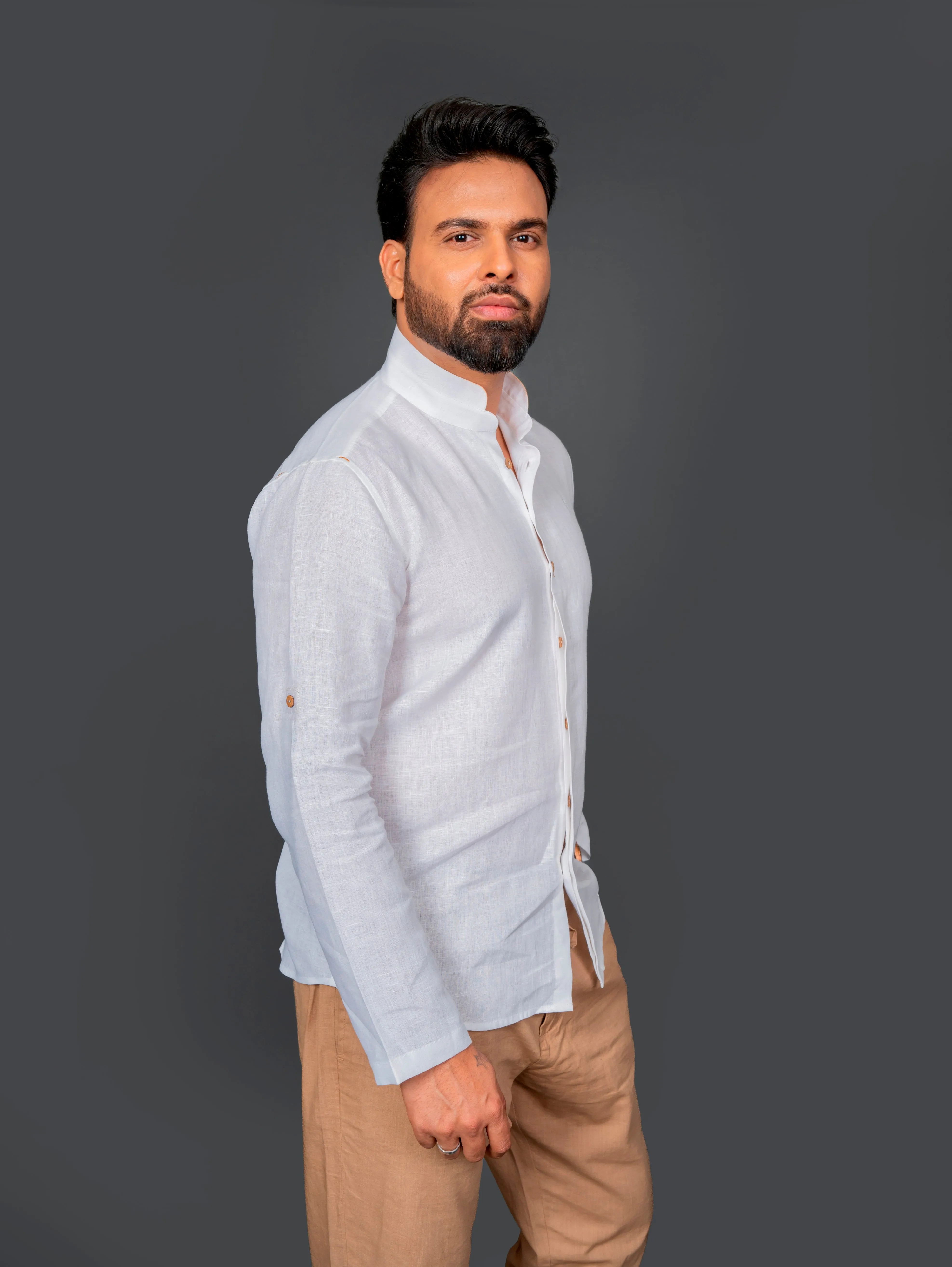 Linen Shirt With Double Mandarin Collar Roll Up Sleeve With Tab