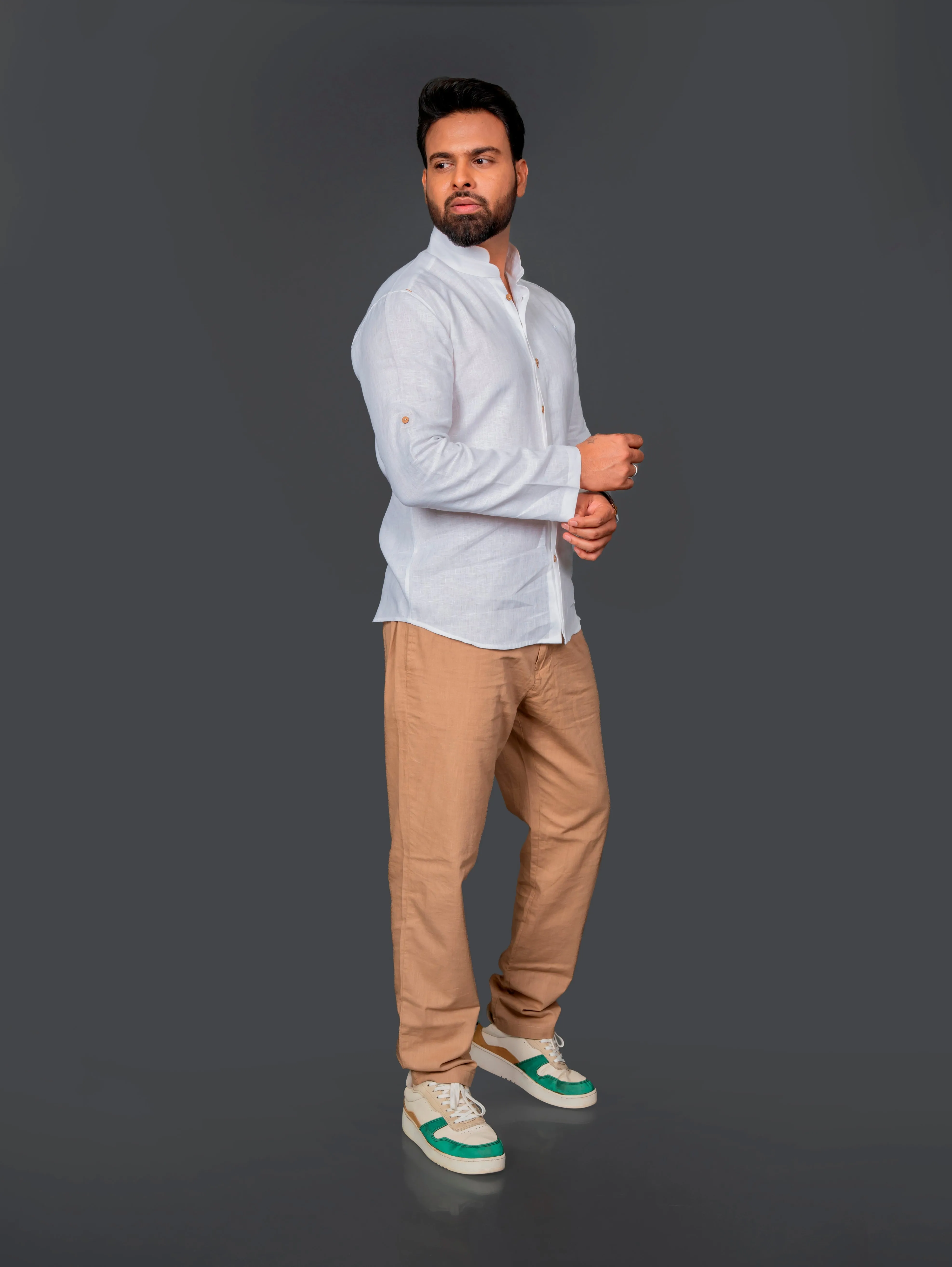 Linen Shirt With Double Mandarin Collar Roll Up Sleeve With Tab