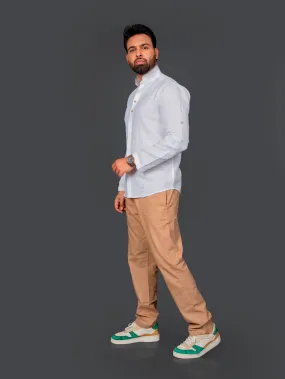 Linen Shirt With Double Mandarin Collar Roll Up Sleeve With Tab