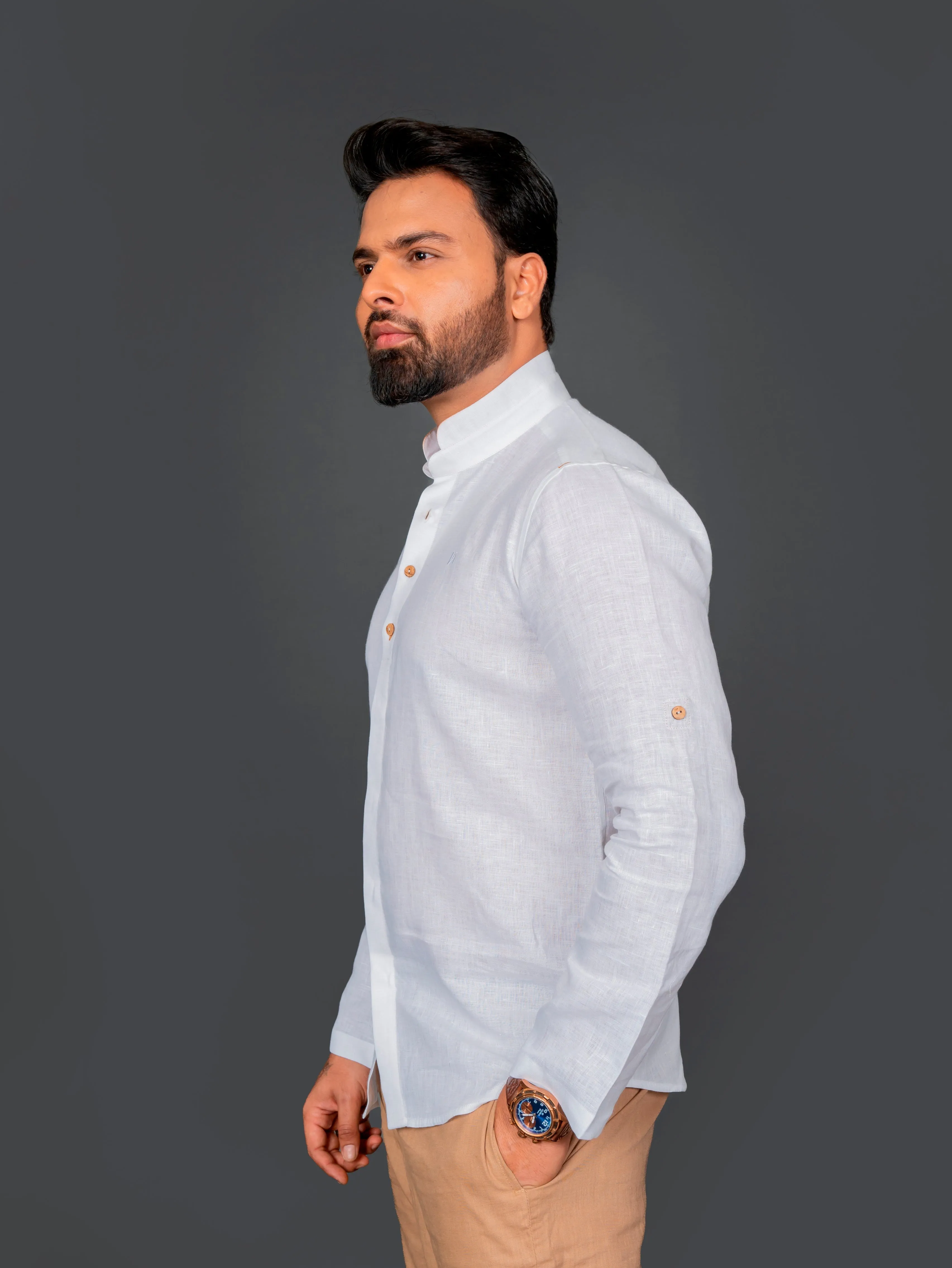 Linen Shirt With Double Mandarin Collar Roll Up Sleeve With Tab