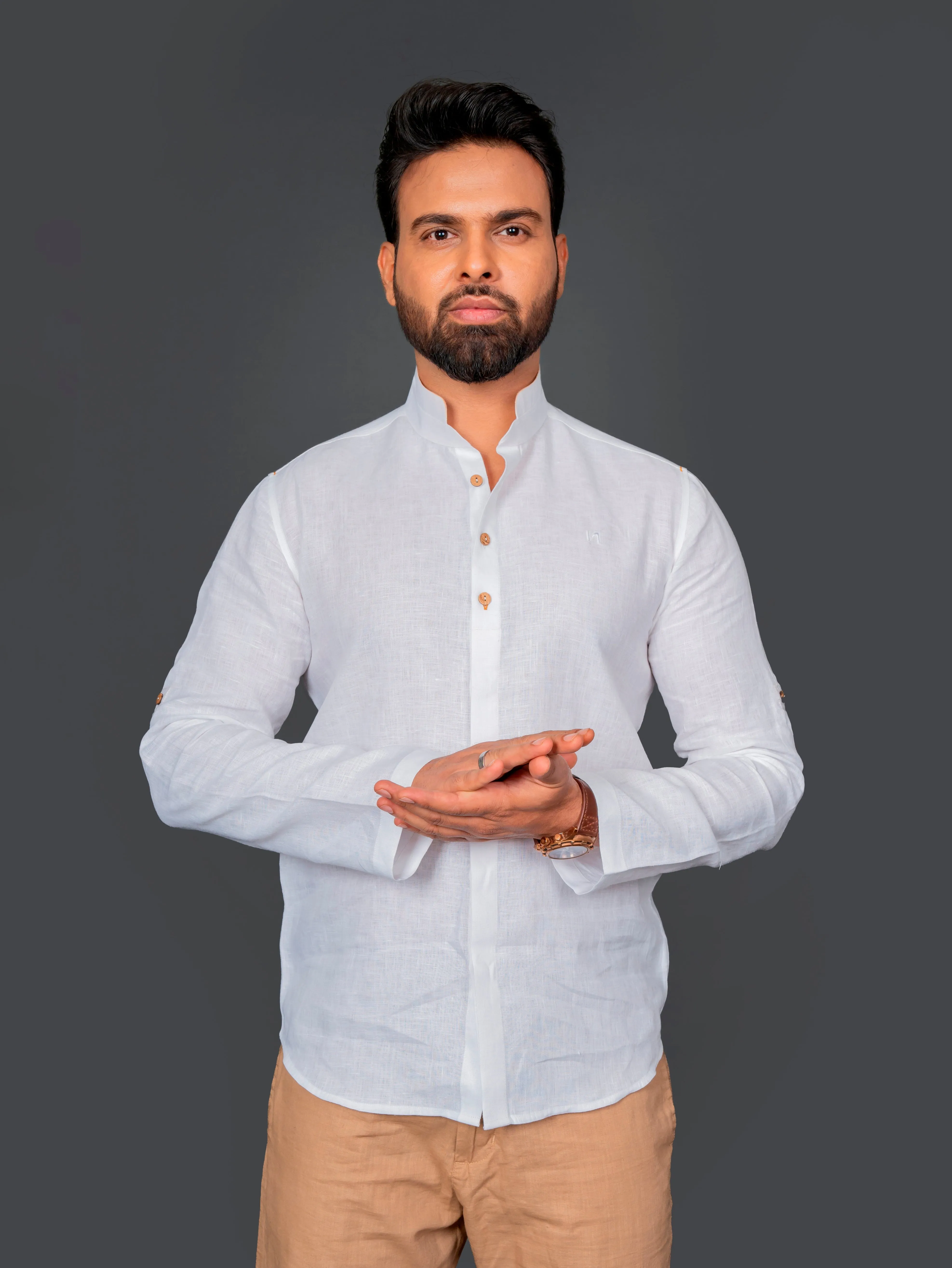 Linen Shirt With Double Mandarin Collar Roll Up Sleeve With Tab