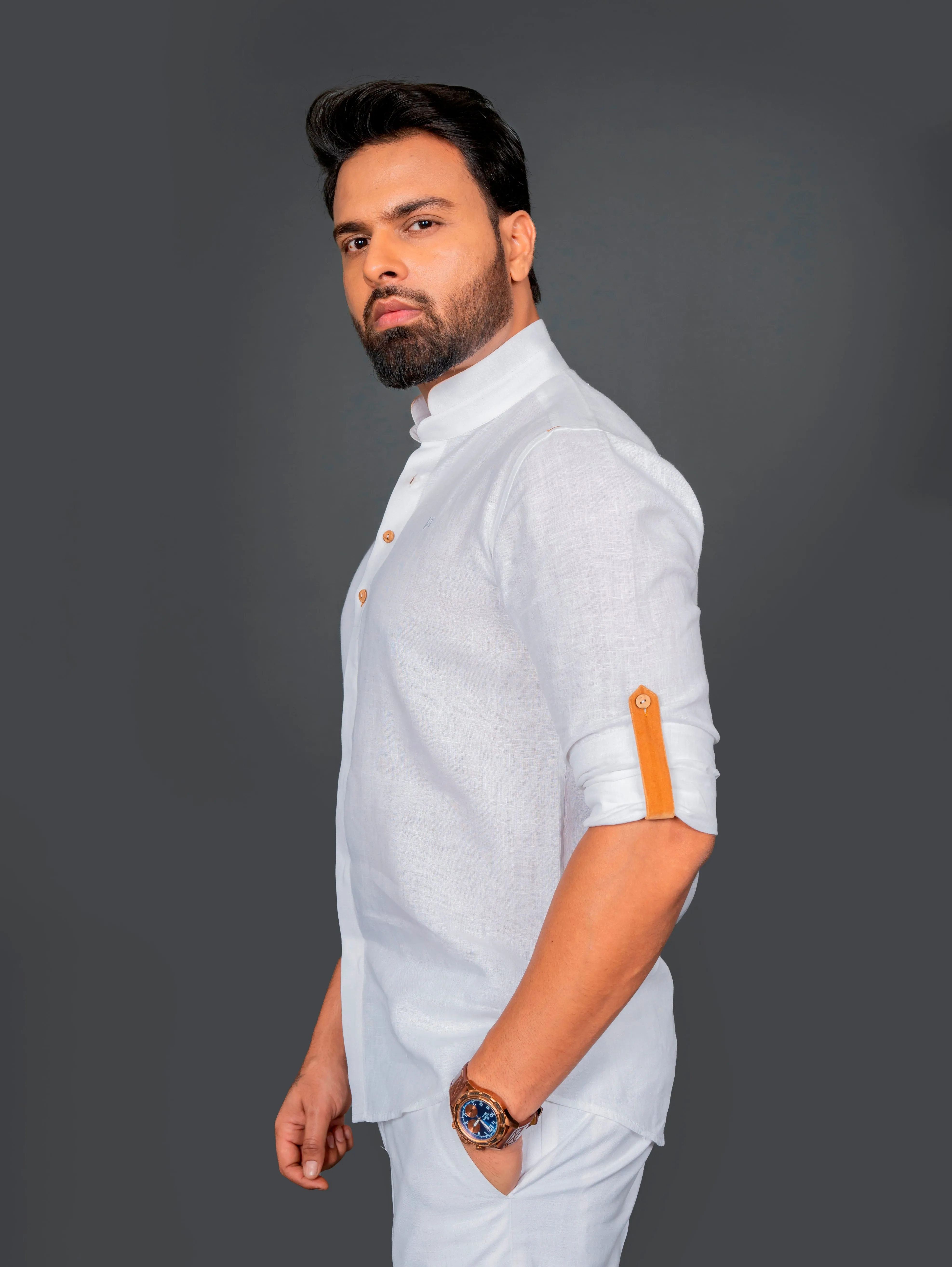 Linen Shirt With Double Mandarin Collar Roll Up Sleeve With Tab