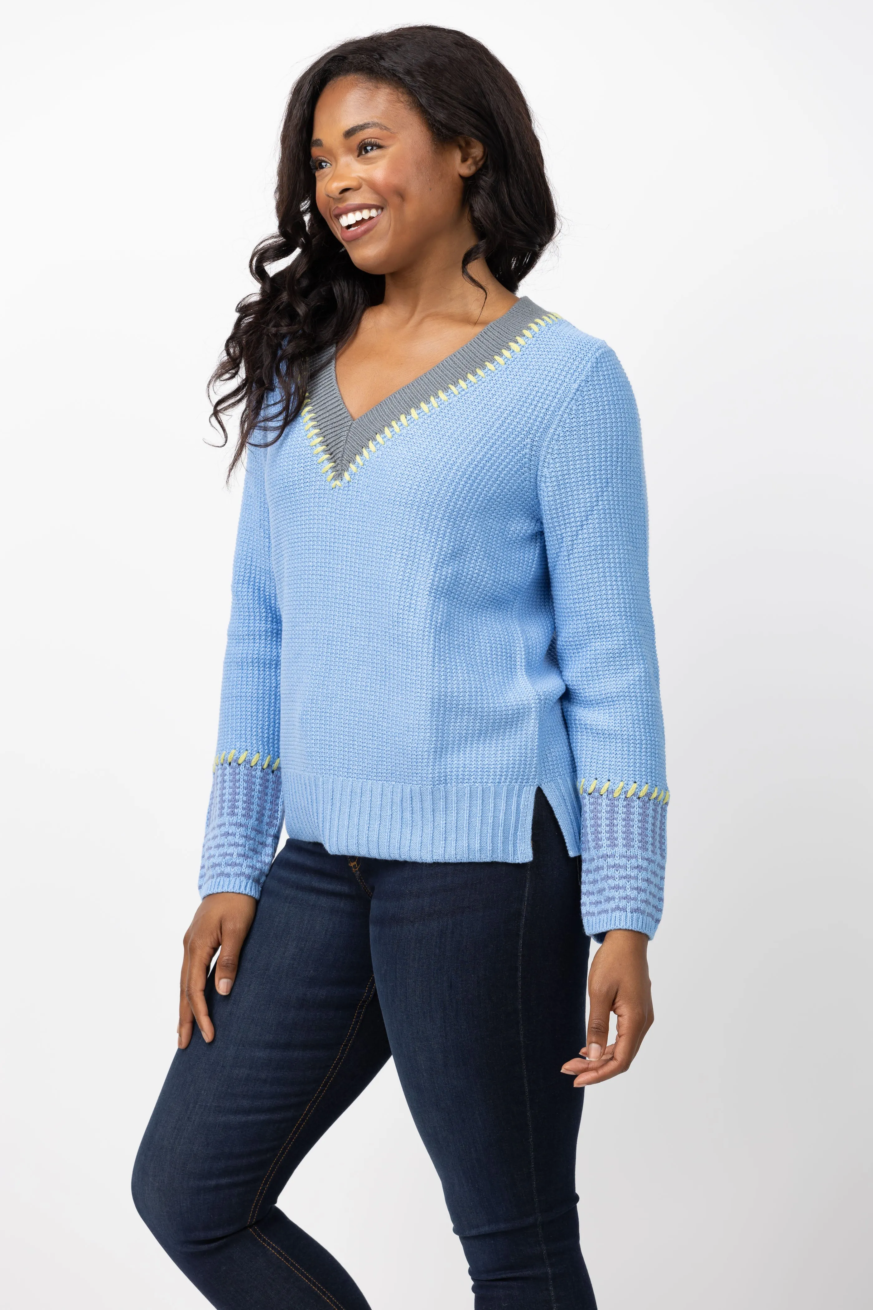 Nic   Zoe Tipped Textured Sweater in Blue Multi