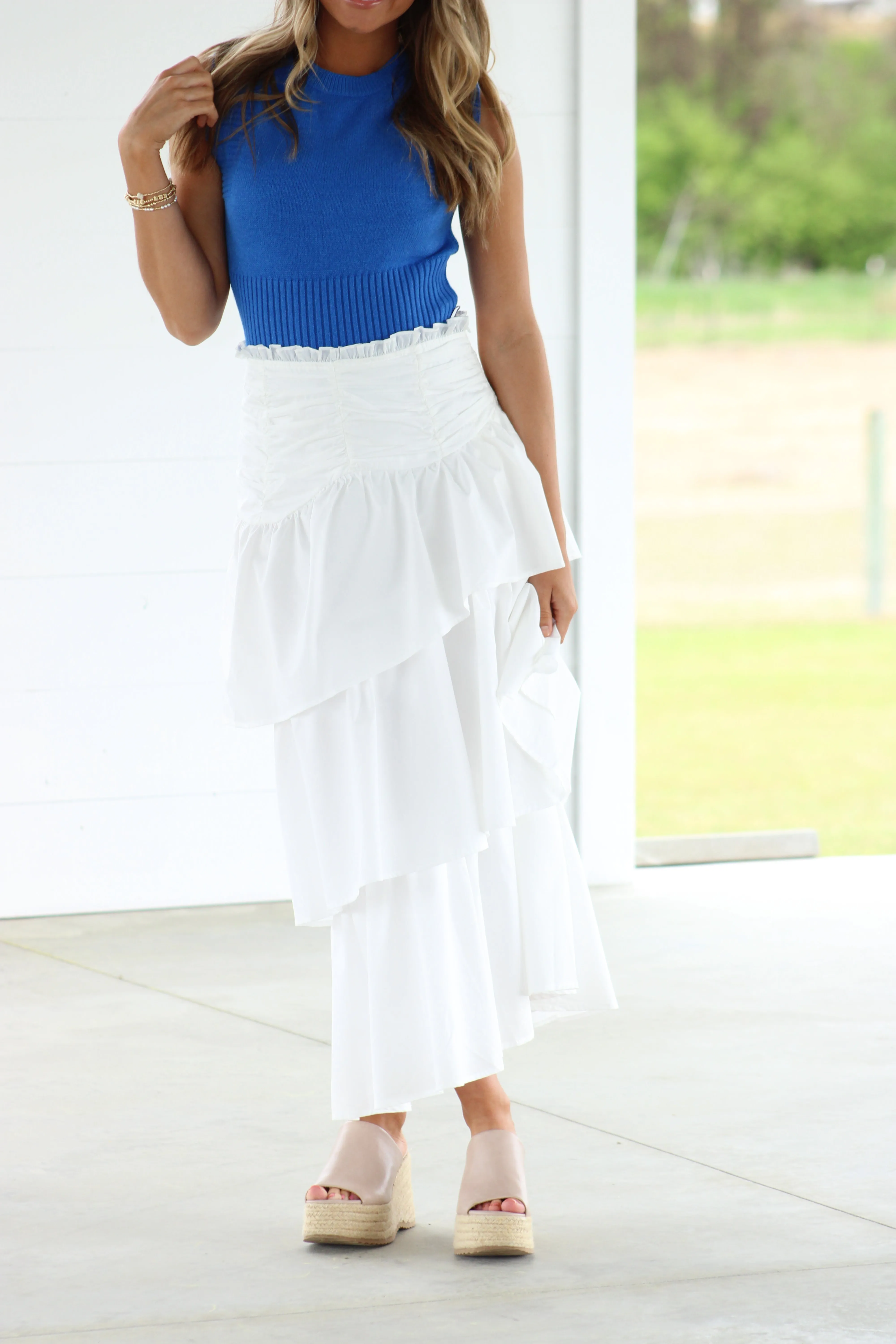 Nicola Ruffle Tiered Midi Skirt - White