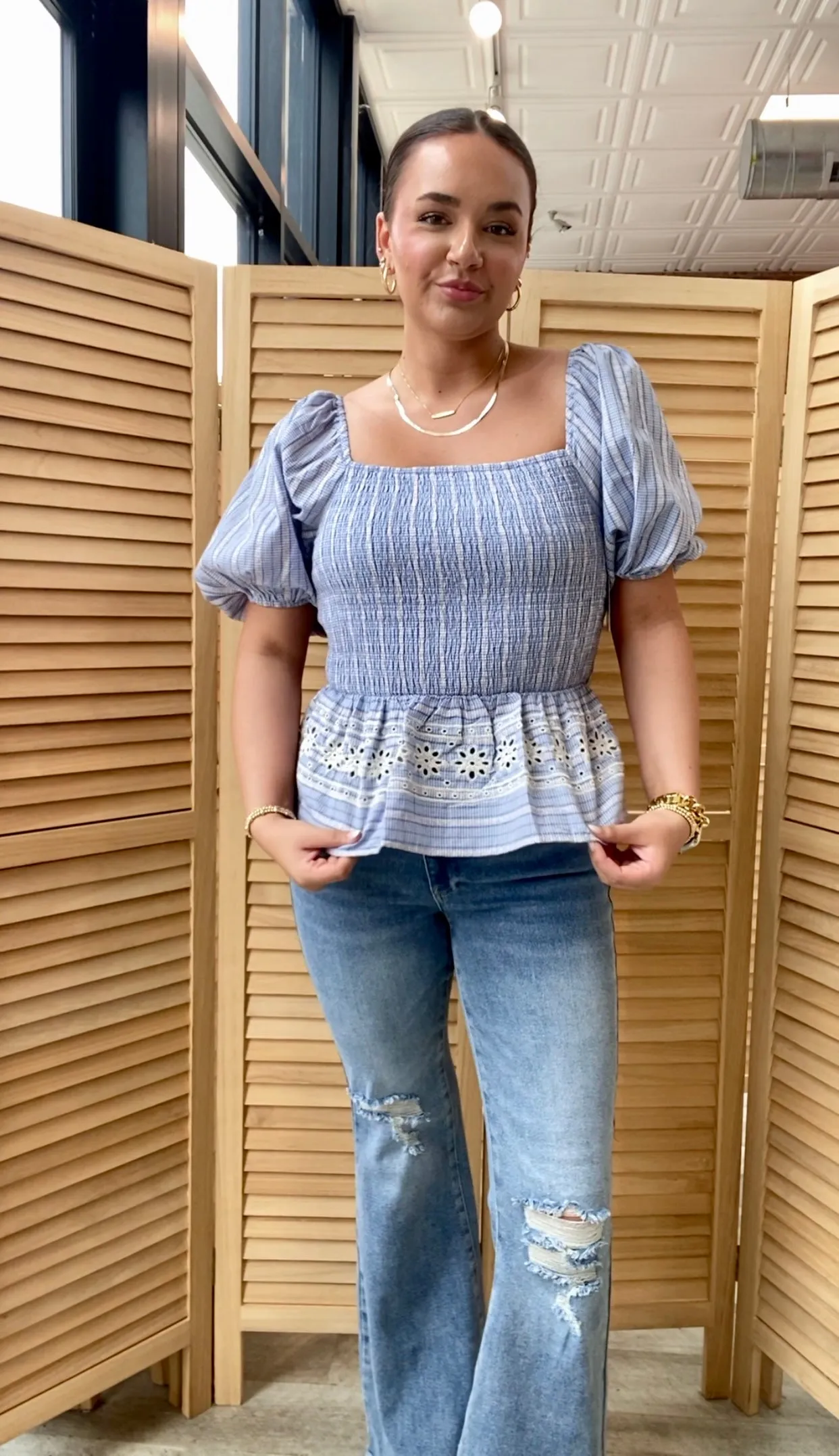 Picnic Puff Sleeve Baby Plaid Top | Peri Blue
