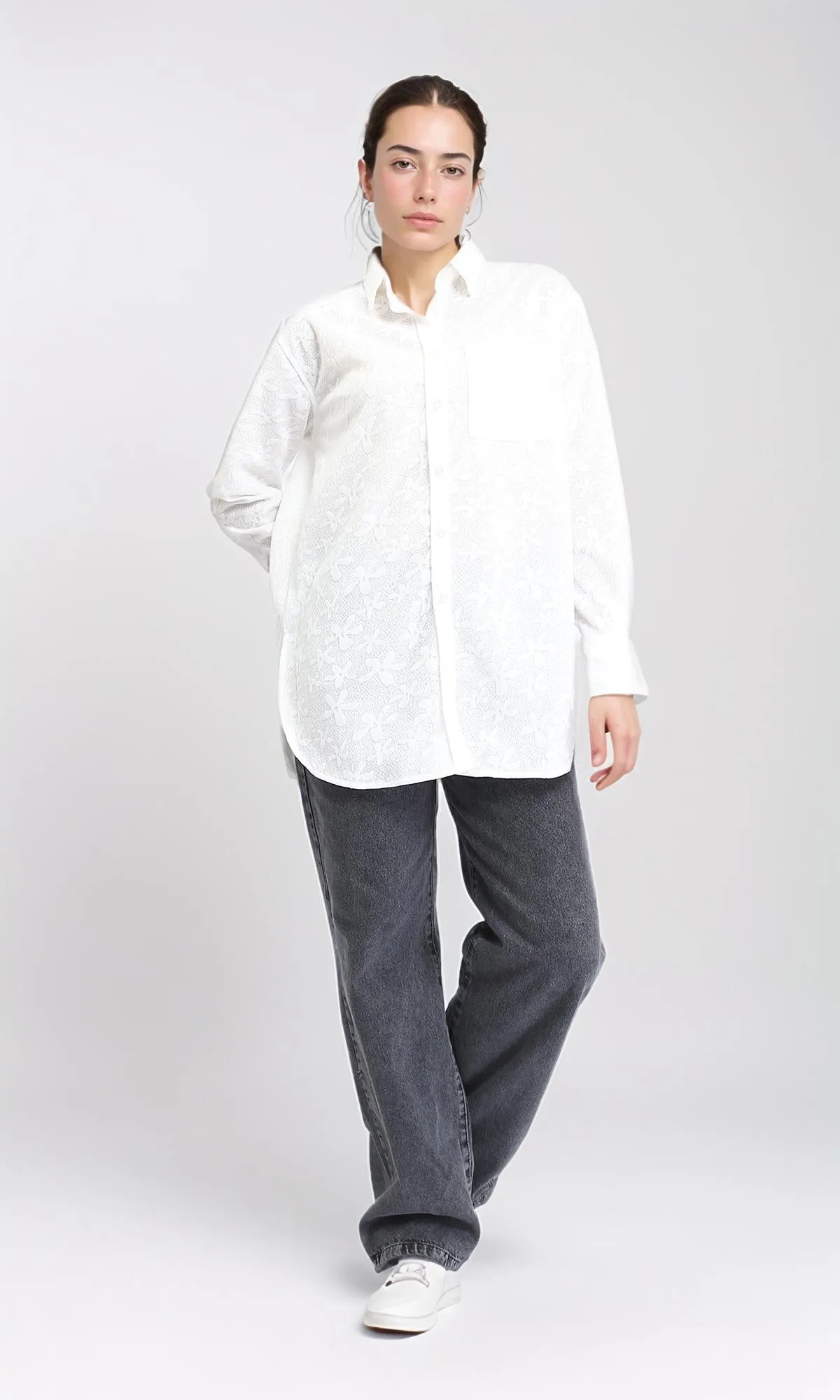 R206078 - Long Sleeve Cotton Floral Shirt - White