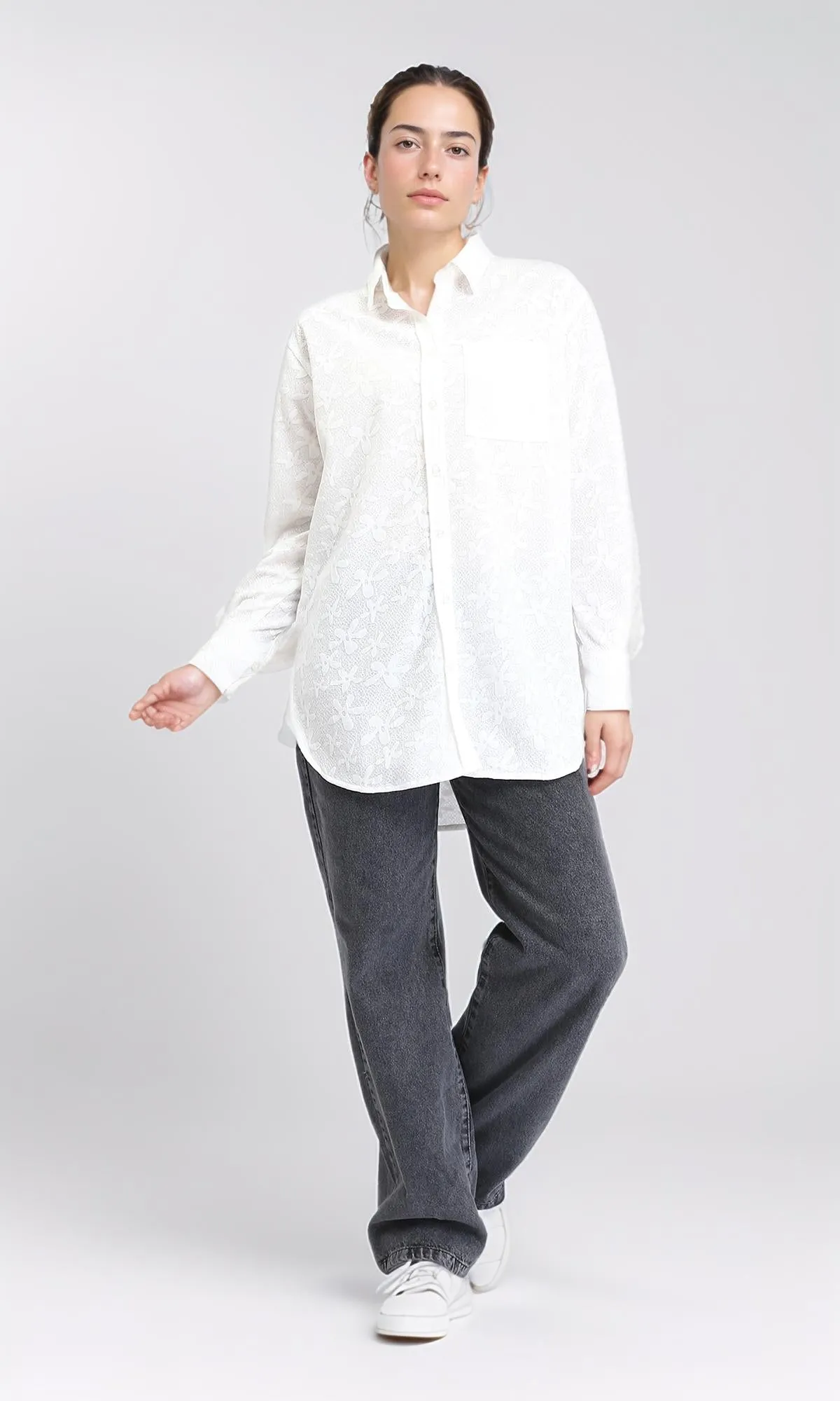 R206078 - Long Sleeve Cotton Floral Shirt - White