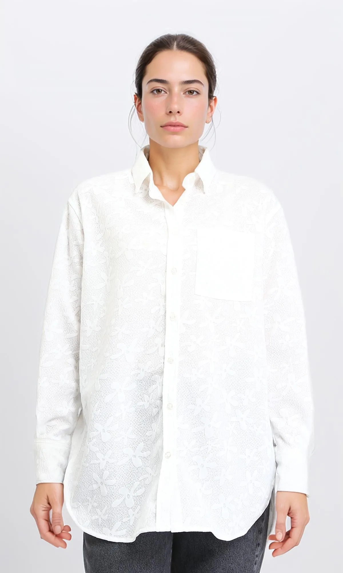 R206078 - Long Sleeve Cotton Floral Shirt - White