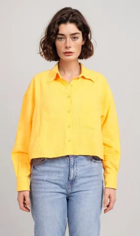 R206573-R206573 - Button-Up Linen Cropped Shirt - Yellow