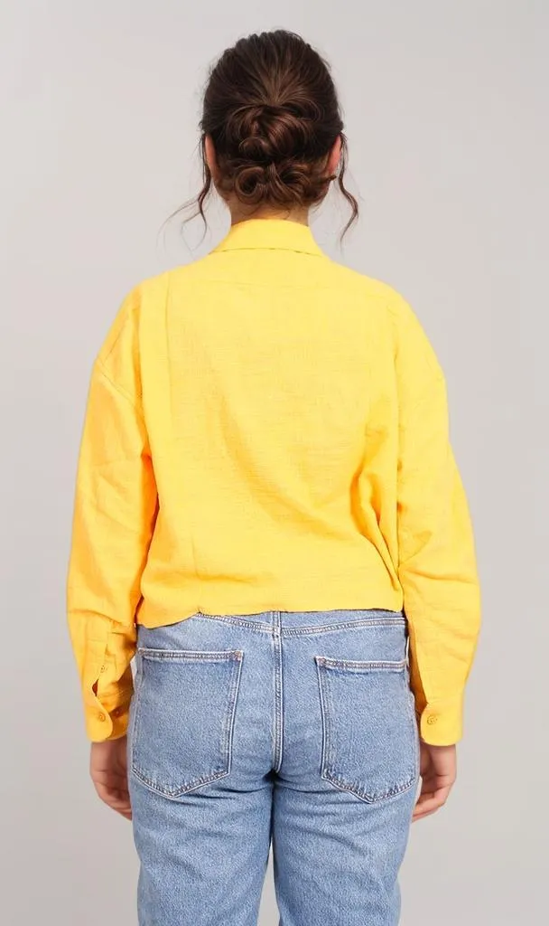 R206573-R206573 - Button-Up Linen Cropped Shirt - Yellow