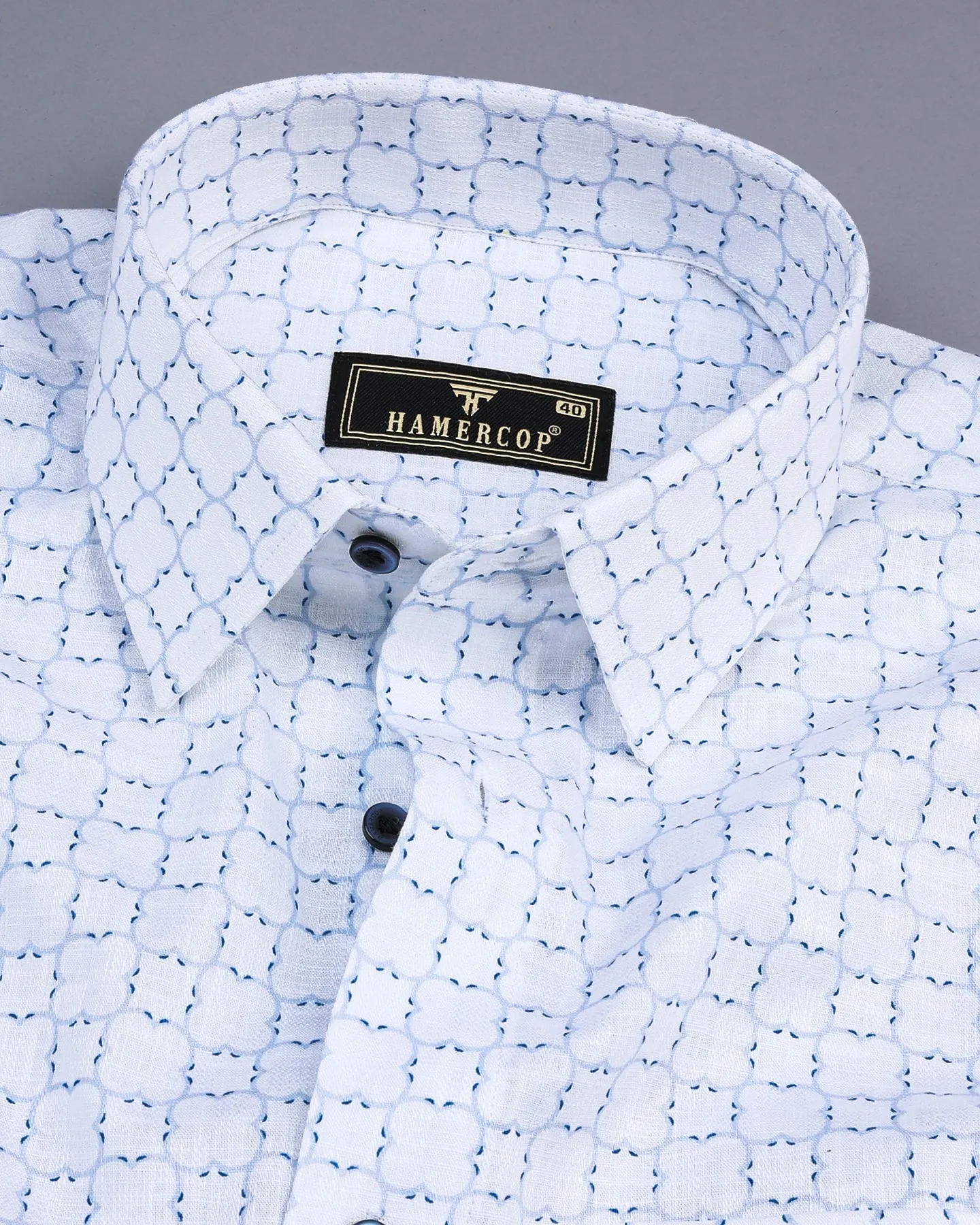 Rewa Blue With White Printed Amsler Linen Cotton Shirt