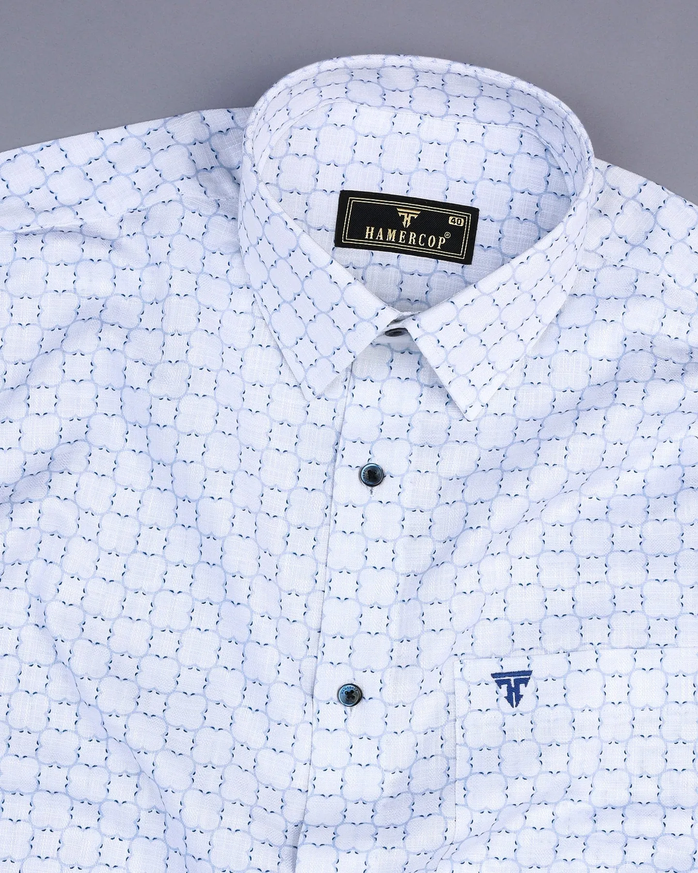 Rewa Blue With White Printed Amsler Linen Cotton Shirt