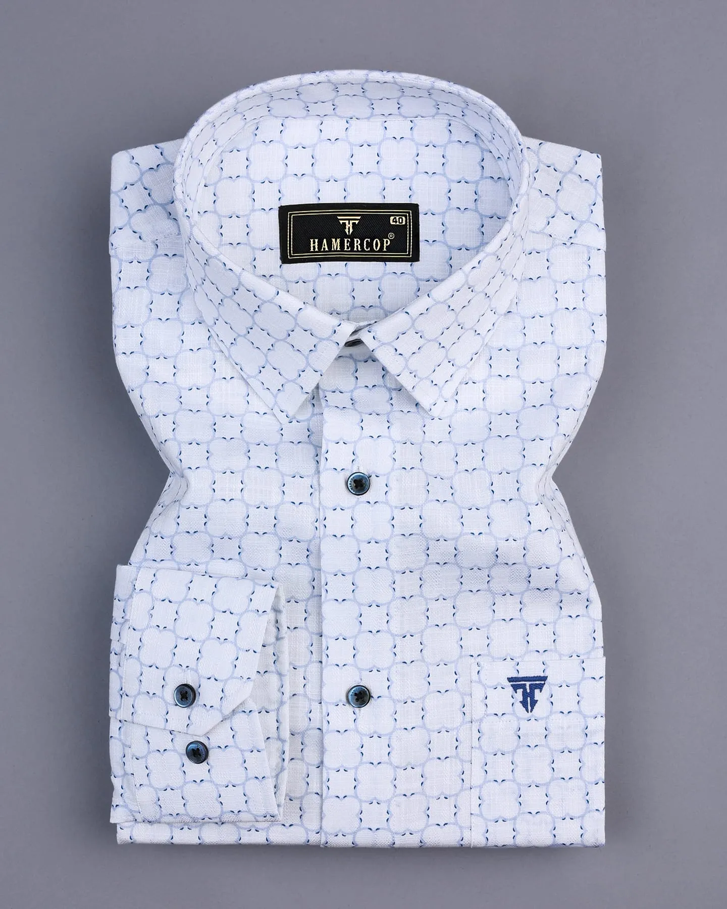 Rewa Blue With White Printed Amsler Linen Cotton Shirt