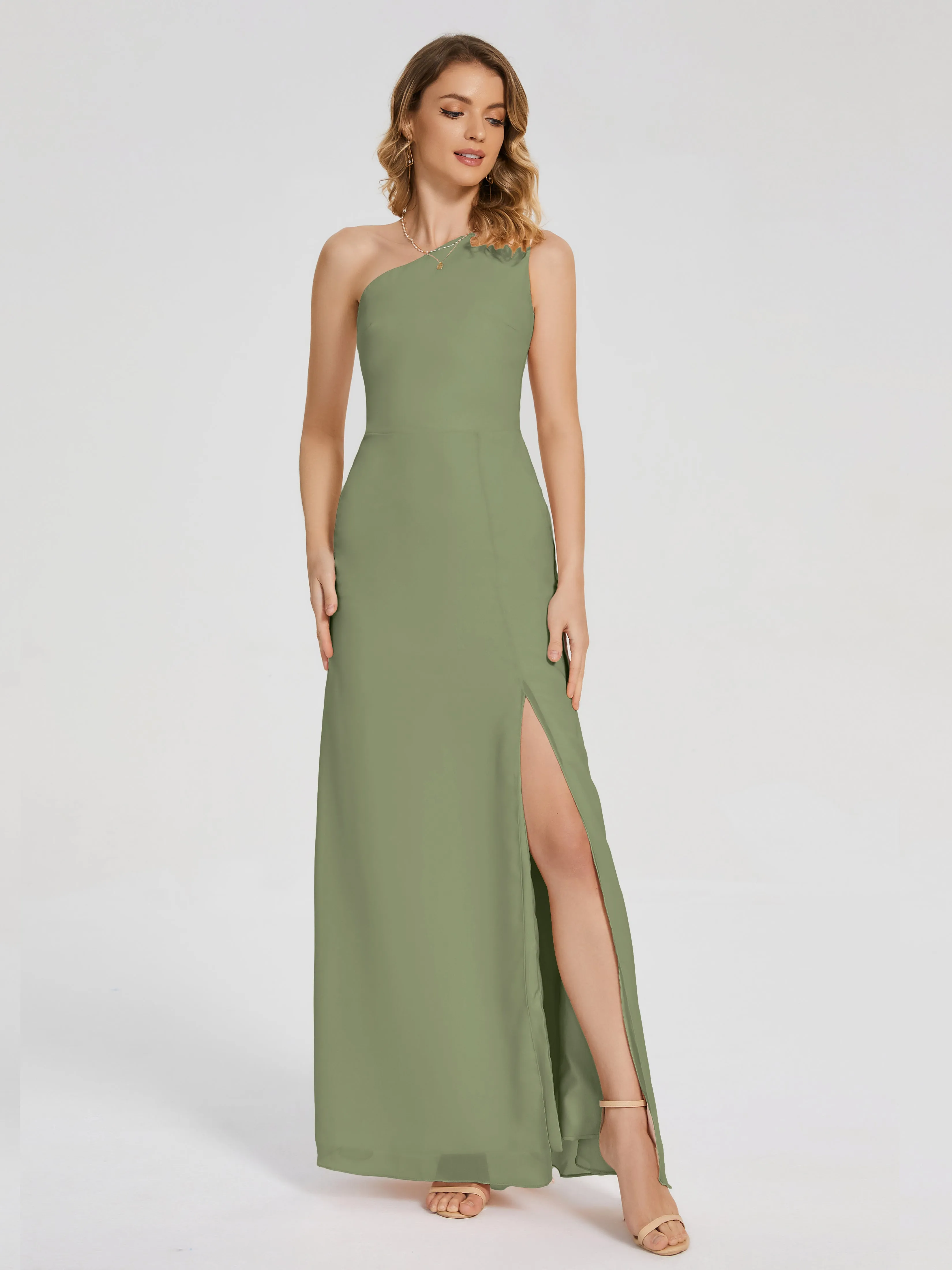 River Simple One Shoulder Split Chiffon Bridesmaid Dresses