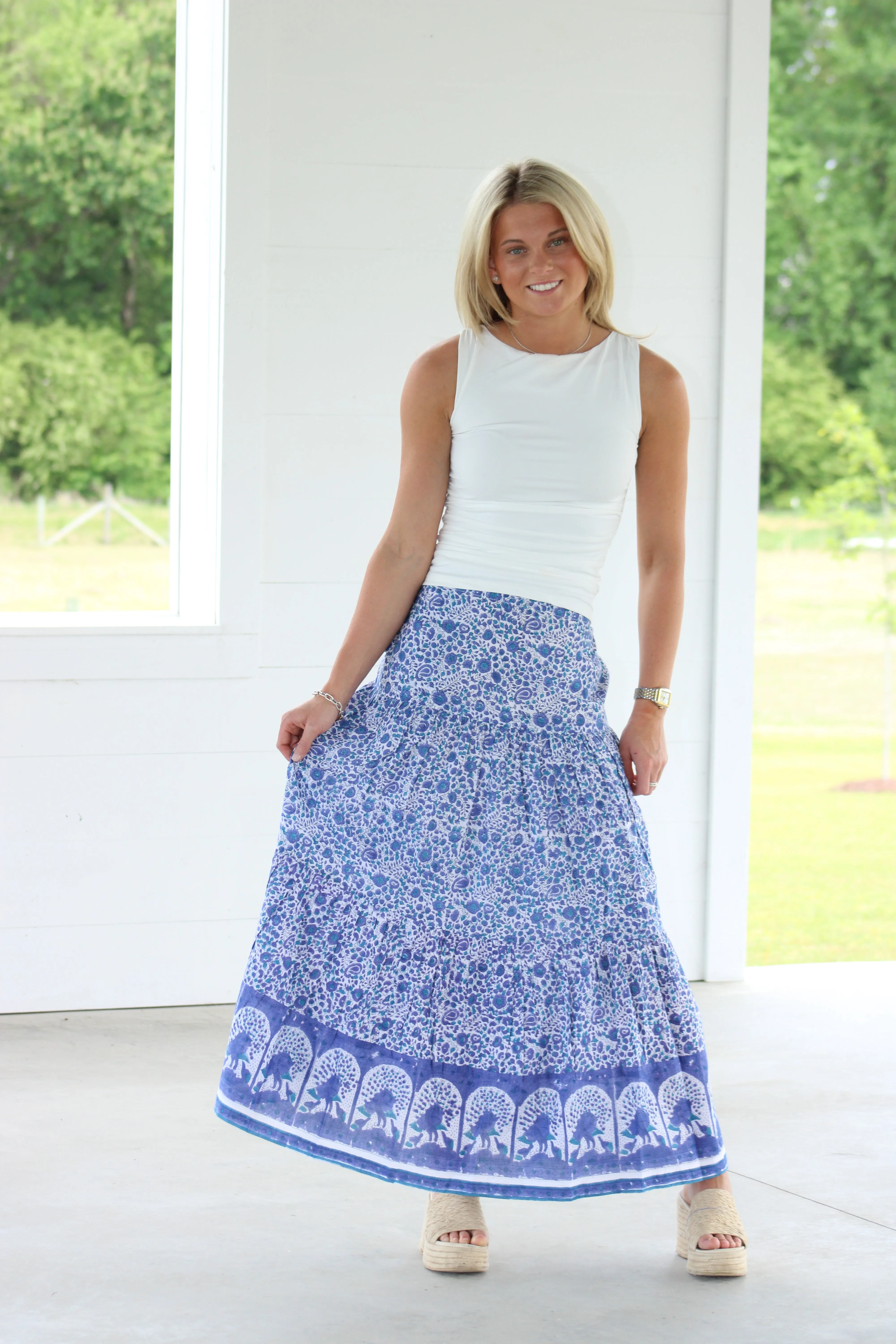 Serefina Midi Skirt - Blue & White